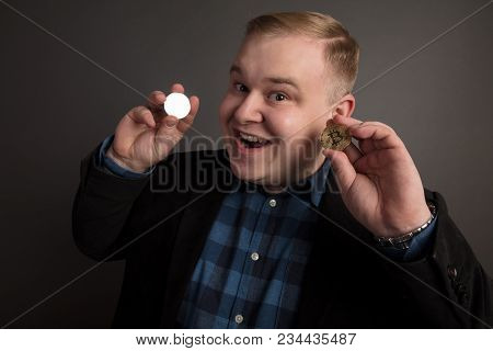 Golden Bitcoin In Fat Businessman Hand, Digitall Symbol Of New Virtual Currency