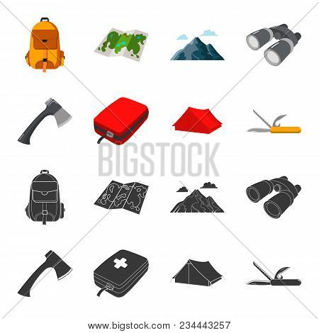 Ax, First-aid Kit, Tourist Tent, Folding Knife. Camping Set Collection Icons In Black, Cartoon Style