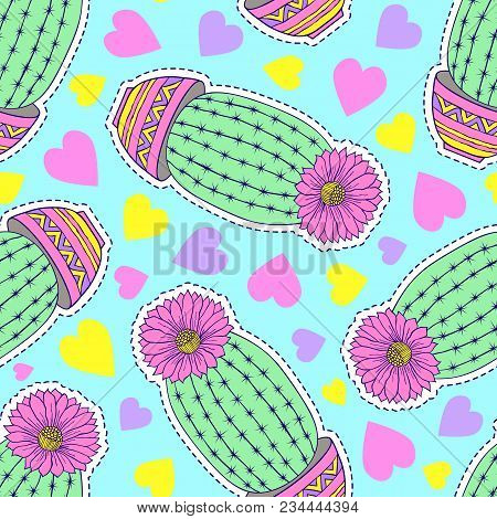 Seamless Pattern With Colorful Hand Drawn Cactuses And Hearts On Blue Background.