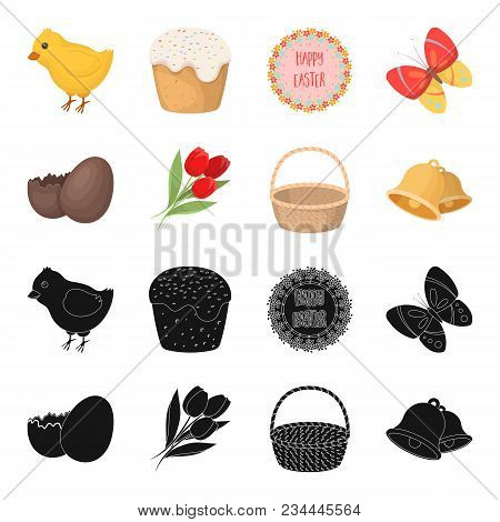 Chocolate Egg, Bells, Basket And Flowers.easter Set Collection Icons In Black, Cartoon Style Vector 