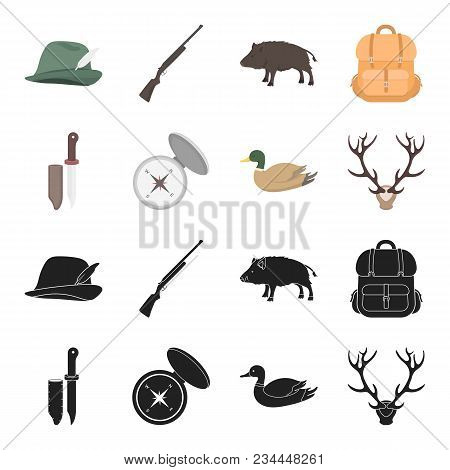 Knife With A Cover, A Duck, A Deer Horn, A Compass With A Lid.hunting Set Collection Icons In Black,