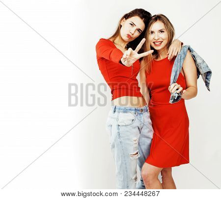 Best Friends Teenage Girls Together Having Fun, Posing Emotional On White Background, Besties Happy 