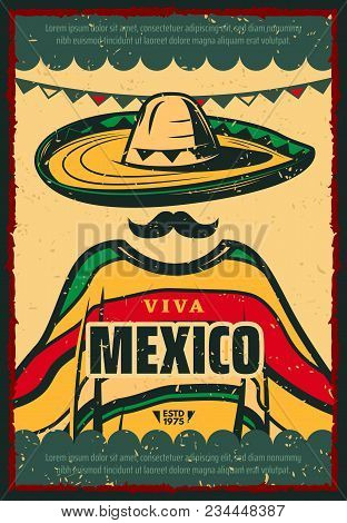 Viva Mexico Retro Poster For Cinco De Mayo Holiday Celebration. Mexican Fiesta Party Sombrero Hat, M