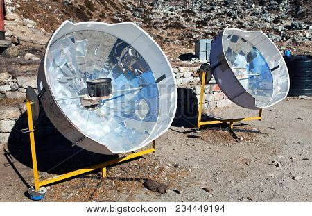 View Of Sunny Solar Cooker, Everest Area, Nepal, Ecology Cooking