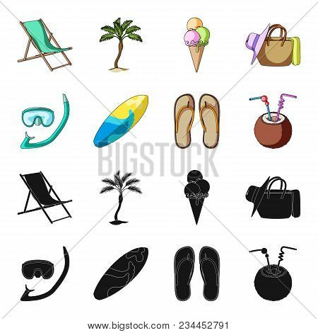 Diving, Surfing, Cocktail.summer Vacation Set Collection Icons In Black, Cartoon Style Vector Symbol