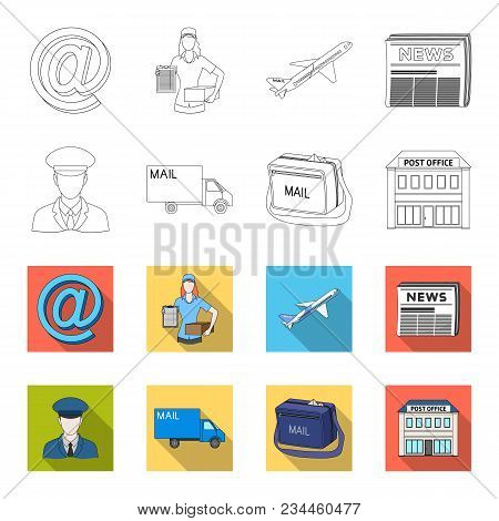 The Postman In Uniform, Mail Machine, Bag For Correspondence, Postal Office.mail And Postman Set Col