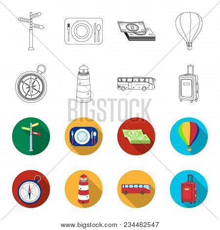 Vacation, Travel, Lighthouse, Compass .rest And Travel Set Collection Icons In Outline, Flet Style V