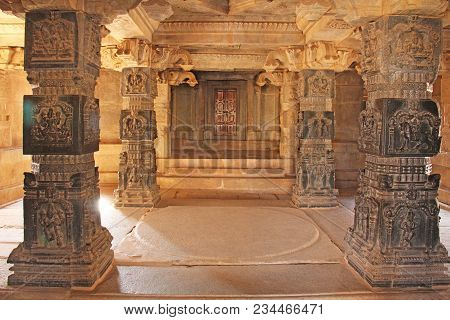 Decorative Pillars From Black Basalt In Mandappa Or Hall. Hazara Rama Temple Hampi, Karnataka. Stone