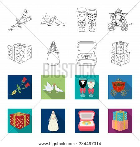 Wedding And Attributes Outline, Flet Icons In Set Collection For Design.newlyweds And Accessories Ve