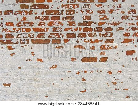 Old Wall Of Red Bricks And White Brayed And Cracked Old Paint. Red, Terracotta And White Brick Backg