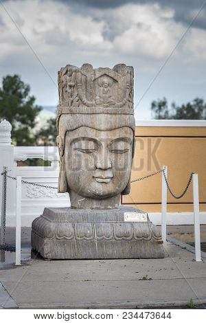Hacienda Heights, Ca, Usa - March 23, 2018:  Closeup Of Avalokitesvara Bodhisattva Head Stone Statue
