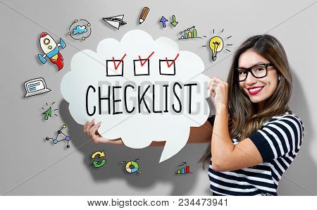 Checklist Text With Young Woman Holding A Speech Bubble