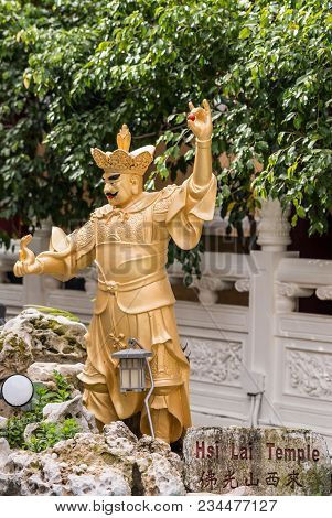 Hacienda Heights, Ca, Usa - March 23, 2018:  Closeup Of Golden Virupaksa The West Heavenly King In A