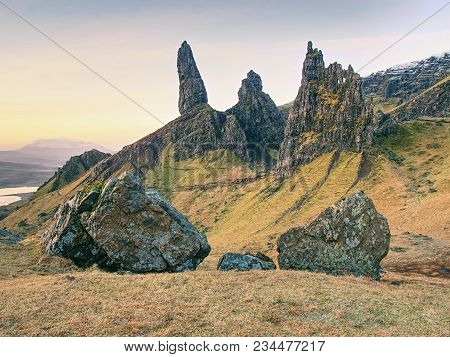 Hiking At  The Old Man Of Storr. The Old Man Of Storr Is One Of The Most Photographed Wonders In The