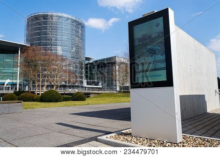 Dresden, Germany - April 2 2018: Volkswagen E-mobility Charging Station In Front Of The Glaserne Man
