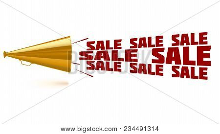Advertising Poster About The Sale In The Style Of Old Soviet Posters. Gold Megaphone With The Words 