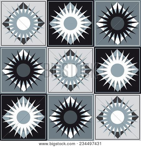 Geometric Seamless Pattern With Circles, Squares, Stars, Black, White, Gray Colors