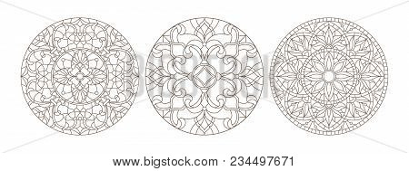 Set Contour Illustrations Of Stained Glass, Round Stained Glass Floral, Dark Outline On A White Back