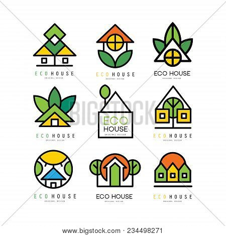 Collection Of Original Logos With Eco Friendly Houses. Ecological Construction. Linear Emblems For B