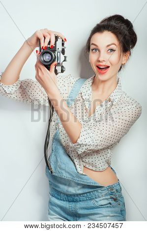 Fashion Look, Surprised Young Woman Model With Retro Film Camera Wearing In Denim Clothes Posing On 