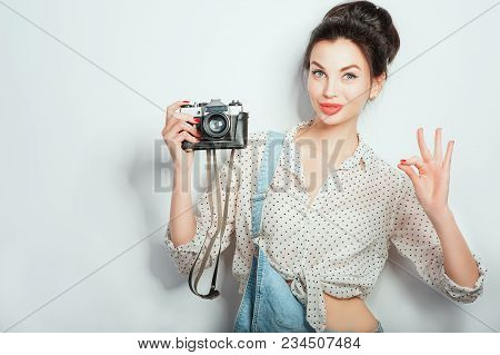 Fashion Look, Pretty Cool Young Woman Model With Retro Camera Wearing In Denim Clothes Posing On Whi