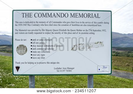 Spean Bridge , Scotland - May 31 2017:: Sign Explaining The Purpose Of The Commando Memorial