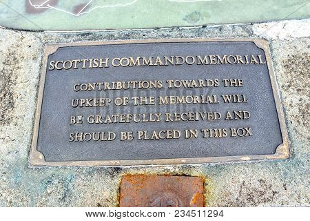 Spean Bridge , Scotland - May 31 2017:: Sign Explaining The Contribution Box Of The Commando Memoria