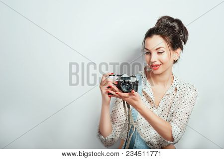 Fashion Look, Pretty Cool Young Woman Model With Retro Camera Wearing In Denim Clothes Posing On Whi