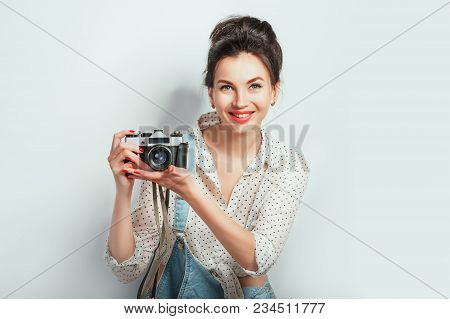 Fashion Look, Pretty Cool Young Woman Model With Retro Camera Wearing In Denim Clothes Posing On Whi
