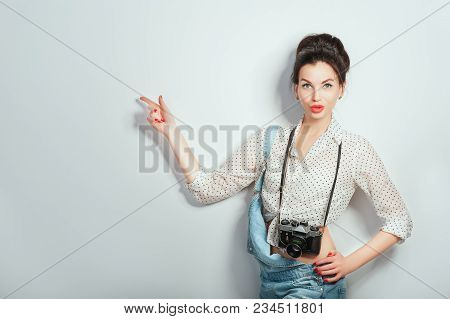 Fashion Look, Pretty Cool Young Woman Model With Retro Camera Wearing In Denim Clothes Pointing On C