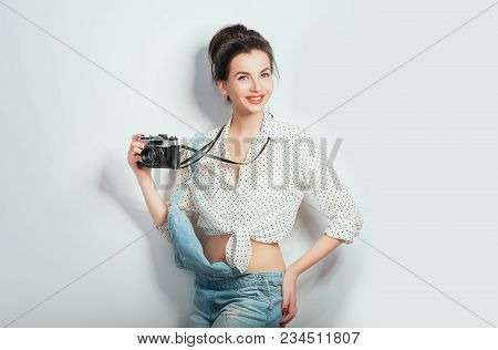 Fashion Look, Pretty Cool Young Woman Model With Retro Camera Wearing In Denim Clothes Posing On Whi
