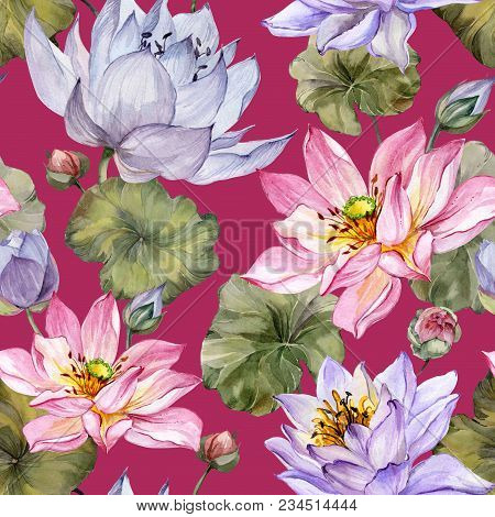 Beautiful Floral Seamless Pattern. Large Pink And Purple Lotus Flowers With Leaves On Red  Backgroun