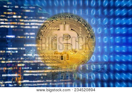 Bitcoins On Technology Background.conceptual Design For Technology Of Cryptocurrency And Blockchain.