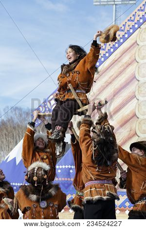 Petropavlovsk City, Kamchatka Peninsula, Russia - Mar 1, 2018: Incendiary Dance Of Indigenous Inhabi