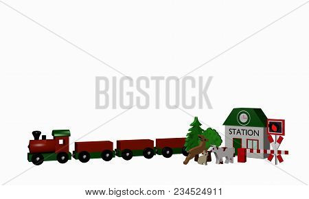 Wooden Toys For A Railroad With Text Station In English. 3d Rendering