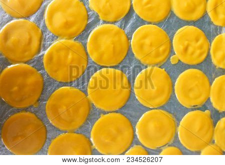 Dried Mango Sheet On Stanless Table, Thai Sweet Dessert.