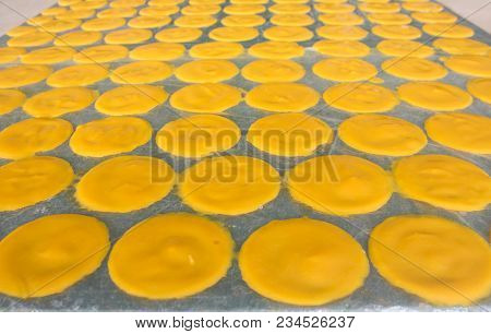 Dried Mango Sheet On Stanless Table, Thai Sweet Dessert.