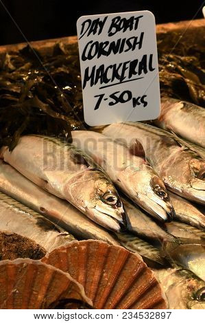 A Selection Of Mackerel On Display At A Fishmonger In A London Food Market.