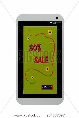 Mobile Phone With Advertisement 30% Sale. 3d Rendering