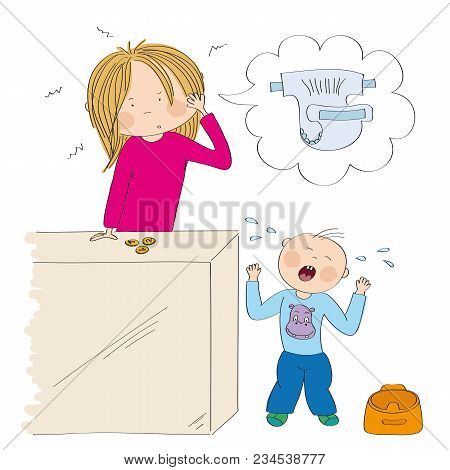 Little Child / Toddler (boy) Does Not Want To Use The Pot. His Mum, Young Woman, Is Desperate, Count