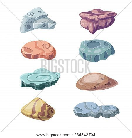 Illustration Stone And Nature Rocks, Boulders Object Set Isolated On A White Background. Vector Cart
