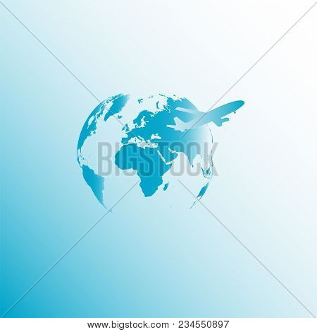 Planet Earth On Light Blue Background With Flying Up Air Plane. Flat Design Vector Illustration