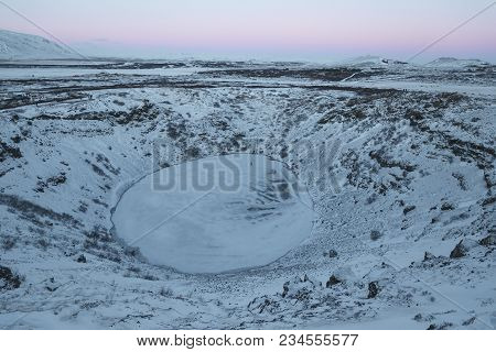 Majestic Icelandic Landscape With Frozen Volcanic Lake Kerid, Iceland