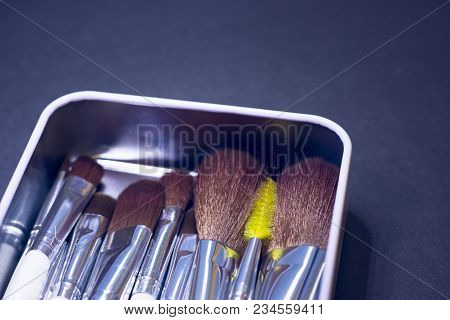 A Set Of Profeccional Make Up Brushes In A Metal Box On A Dark Background, Close Up