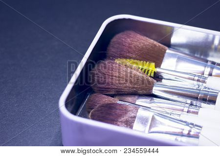 A Set Of Profeccional Make Up Brushes In A Metal Box On A Dark Background, Close Up