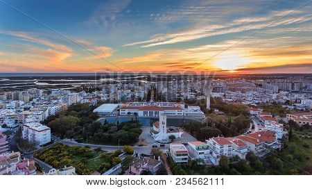 Aerial View Of The City Center Of Faro. Church Santo Antonio.