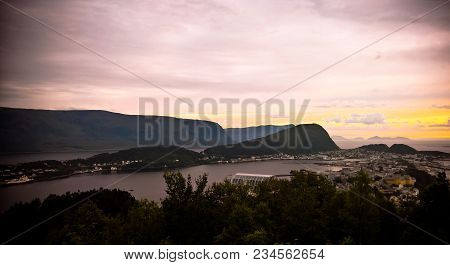 Sunset Panorama View To Alesund From Fjellstua Viewpoint At Norway