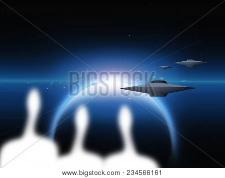 Aliens and alien planet with ships. 3D rendering