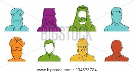 Religious Avatar Icon Set. Color Outline Set Of Religious Avatar Vector Icons For Web Design Isolate