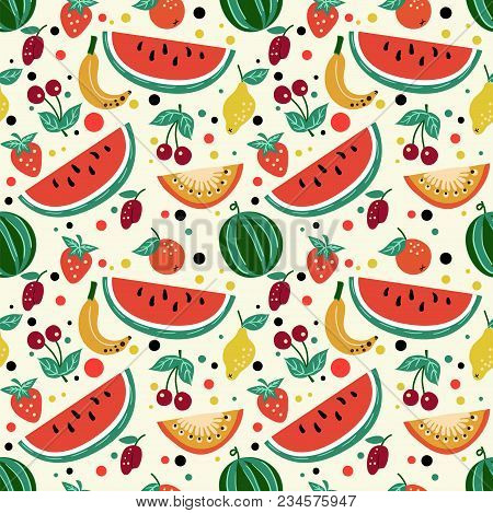 Seamless Pattern Of Fruits, Watermelon, Melon, Strawberry, Cherry, Plum, Kiwi. For Textile Design Or